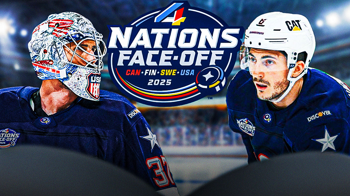Connor Hellebuyck and Zach Werenski looking stern in Team USA jerseys, 4 Nations Face-Off logo in middle, hockey rink in background