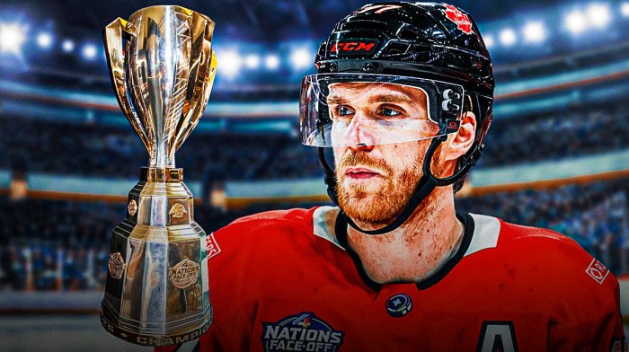 Canada forward Connor McDavid and the 4 Nations trophy
