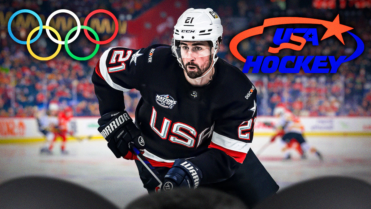 Team USA player Dylan Larkin with Team USA hockey logo on one side and Olympics logo on the other