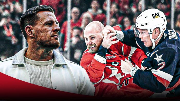 JJ Watt on the left, Brady Tkachuk and Sam Bennett fighting on the right