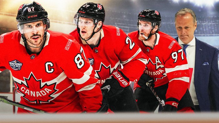 Photo: Jon Cooper, Sidney Crosby, Nathan MacKinnon, Connor McDavid all behind him in Team Canada jerseys