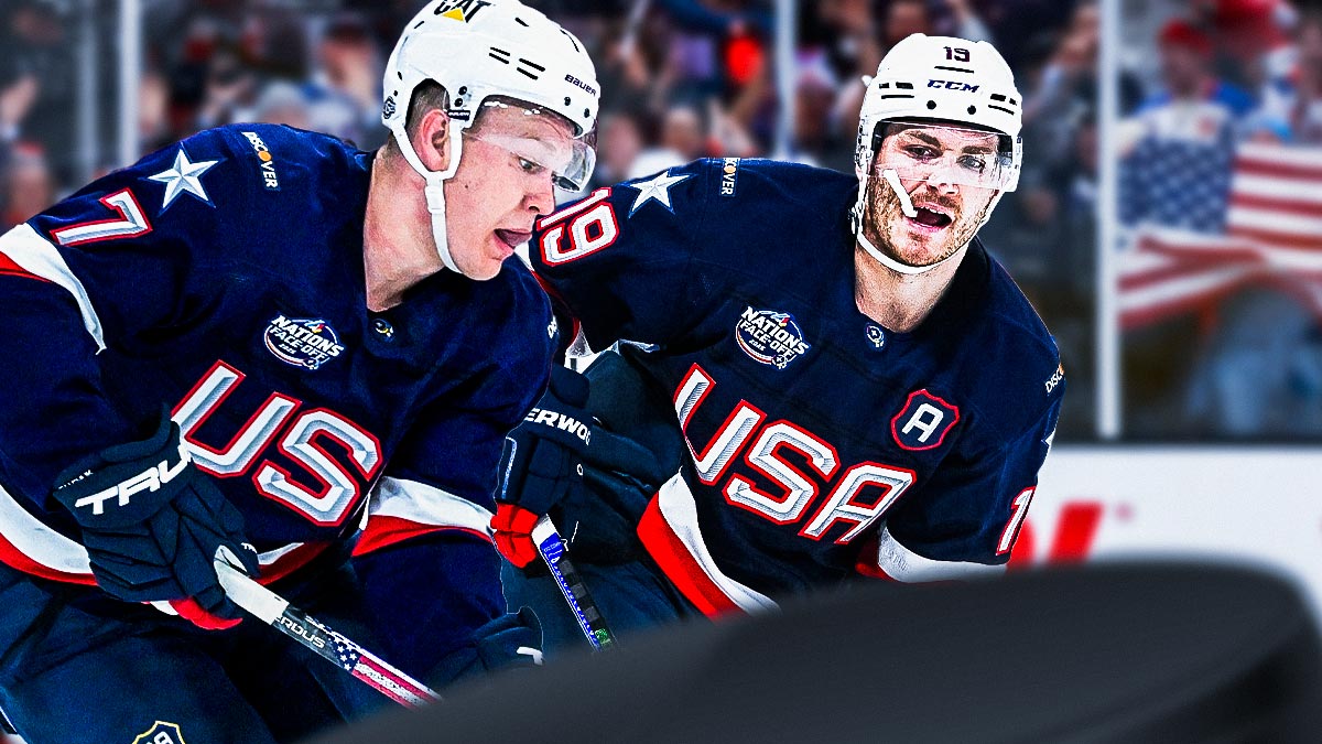 Matthew Tkachuk and Brady Tkachuk in Team USA gear from the 4 Nations tournament looking serious. TD Garden as the background image.