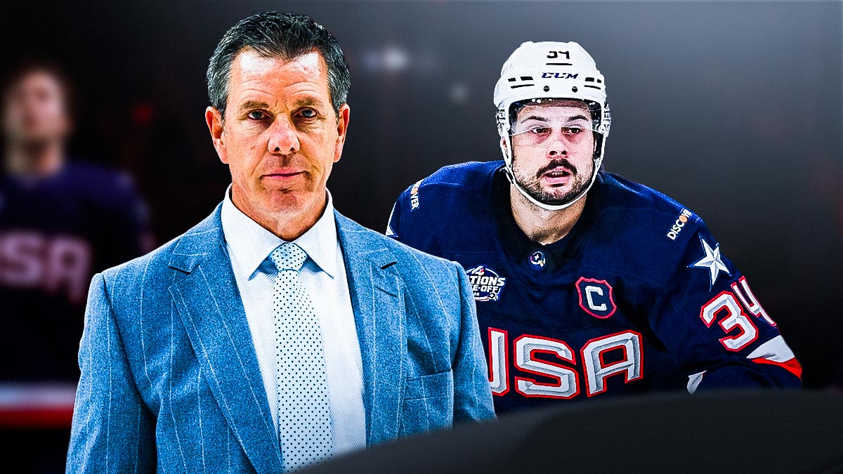 Image of Team USA head coach Mike Sullivan (wearing a suit) next to image of Team USA Auston Matthews (in a Team USA jersey) looking upset/sad