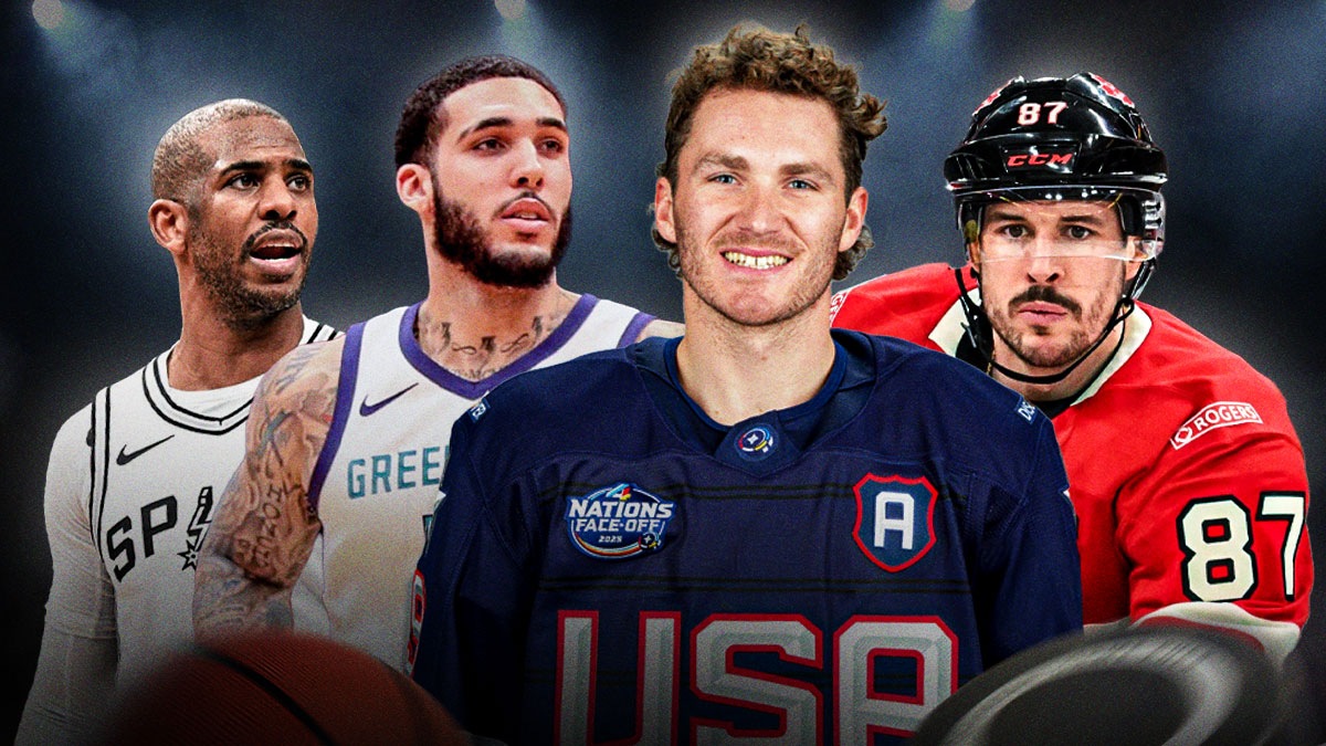 Matthew Tkachuk with Team USA and Sidney Crosby with Team Canada on right. LiAngelo Ball and Chris Paul on left