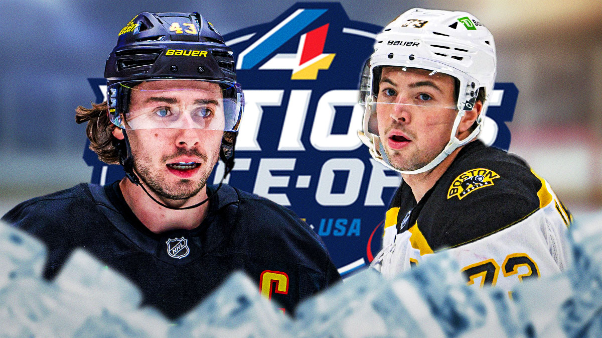 Quinn Hughes and Charlie McAvoy on either side, 4 Nations Face-Off logo in middle, TD Garden in background