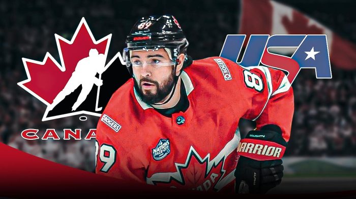 Team Canada's Drew Doughty with Team Canada hockey logo on one side and Team USA hockey logo on the other