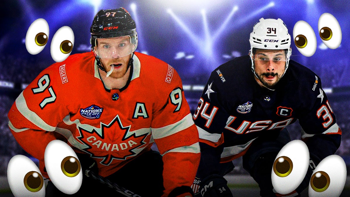 Team Canada's Connor McDavid and Team USA's Auston Matthews with eyeball emojis around them