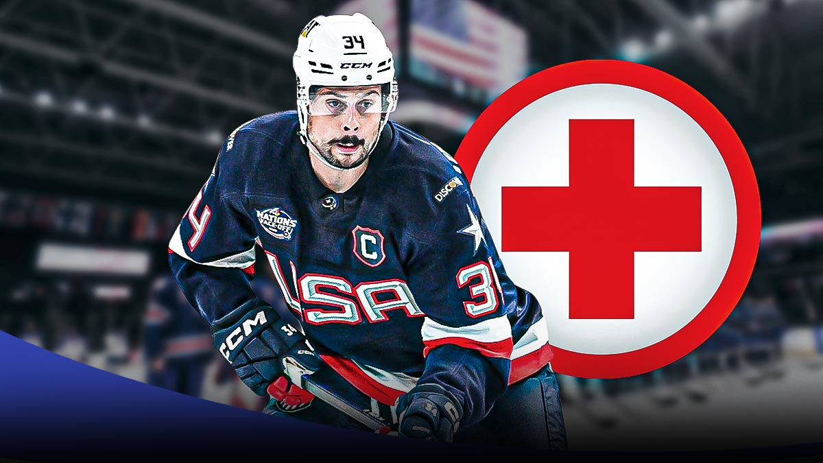 Auston Matthews, Team USA, Sweden, 4 Nations Face-Off, Auston Matthews injury, Auston Matthews in 4 nations USA uni, injury first-aid kit on graphic, hockey background