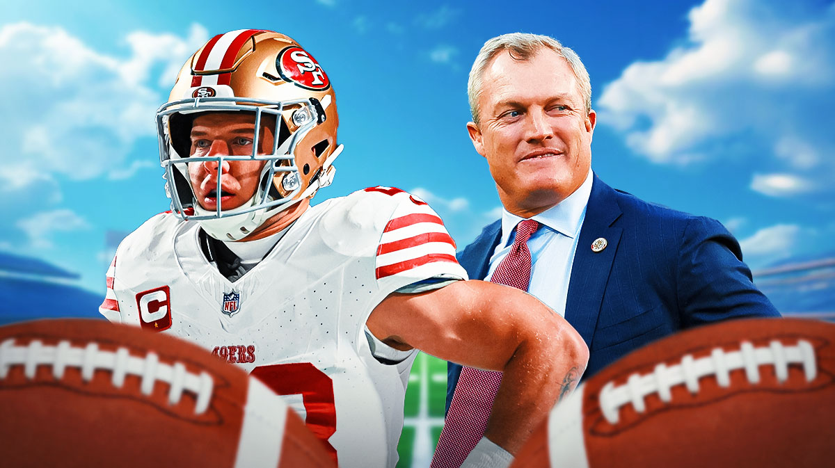 San Francisco 49ers star Christian McCaffrey and John Lynch in front of Levi's Stadium.