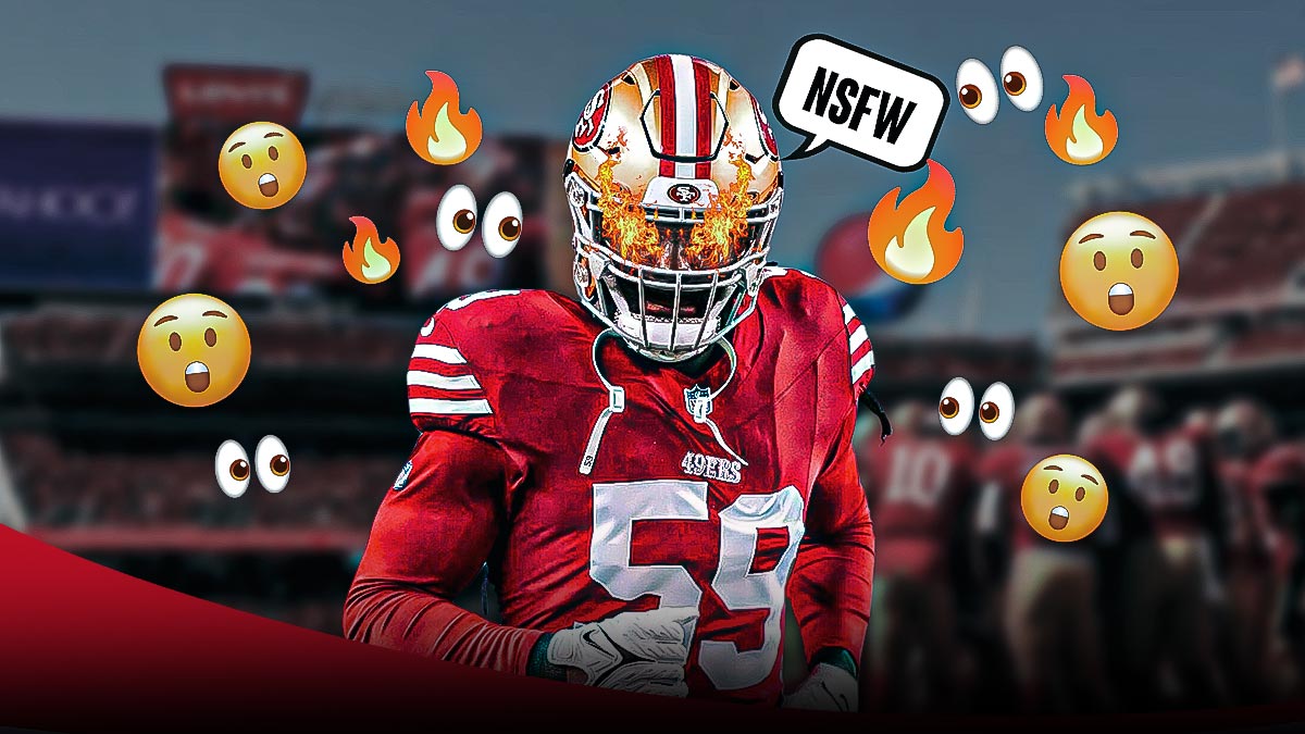 49ers LB De'Vondre Campbell with fire in his eyes and around him. Speech bubble above his head that says, "NSFW". Multiple 😲 and 👀 emojis scattered throughout background. Background is Levi's Stadium.