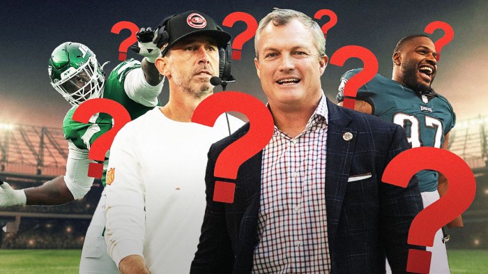 49ers HC Kyle Shanahan standing next to GM John Lynch, Javon Kinlaw, and Javon Hargrave with question marks surrounding them