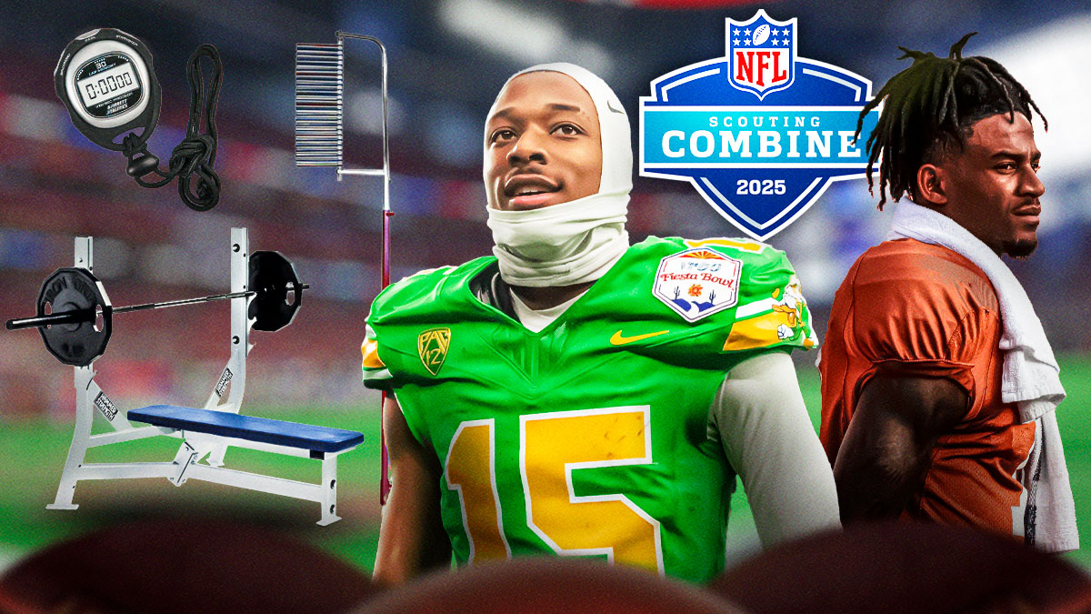 Tez Johnson and Isaiah Bond together. NFL Scouting combine logo front and center. On the graphic is bench press machine, a stopwatch, and vertical jump machine.