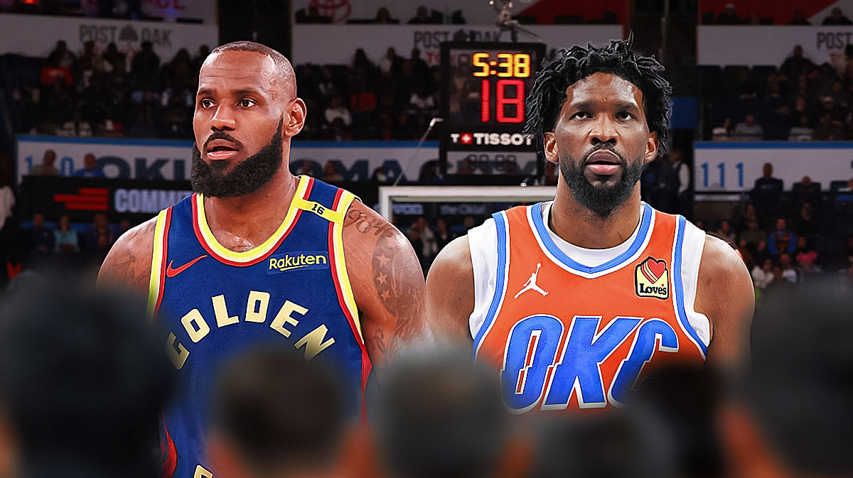 LeBron James in Warriors jersey, Joel Embiid in Thunder jersey