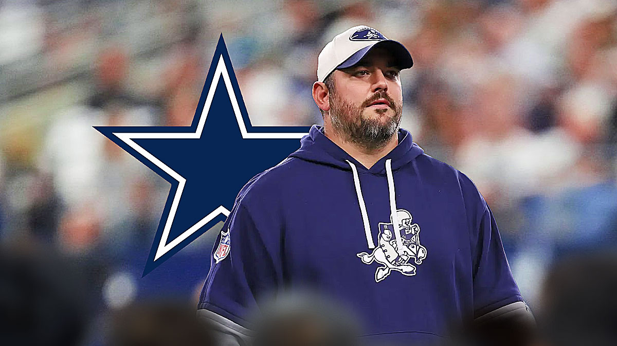 Cowboys Zack Martin walking away from the Dallas Cowboys 2024-25 logo.