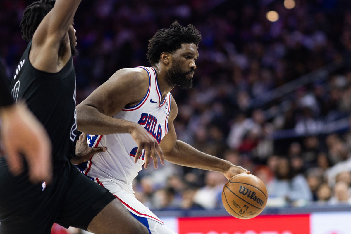 76ers Center Joel EmbiId (21) In action against Brooklyn networks at Wells Fargo Center