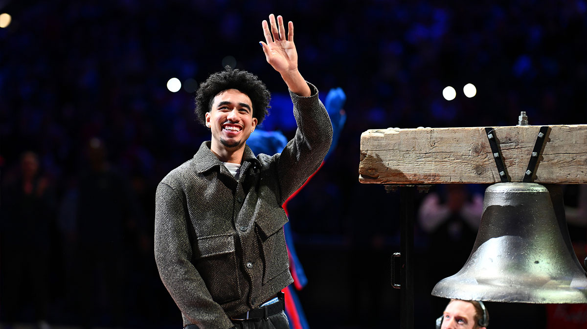 Philadelphia 76ers Guard Jared McCain (20) reacts before playing Nuggets in Wells Fargo Center.