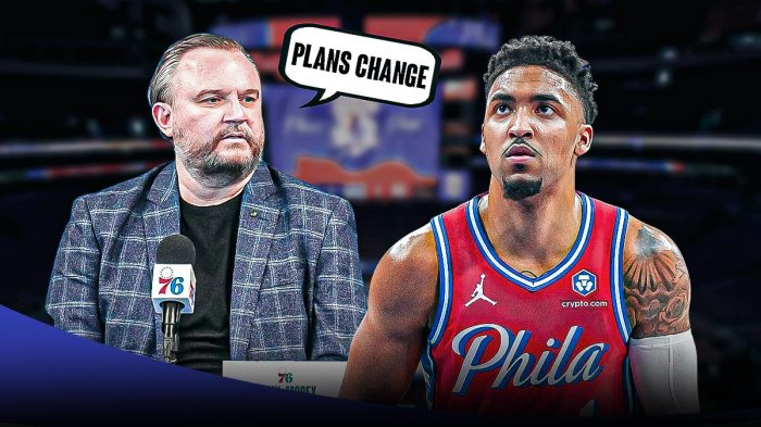 Daryl Morey with a text bubble reading "Plans change" next to KJ Martin in from of the 76ers stadium.