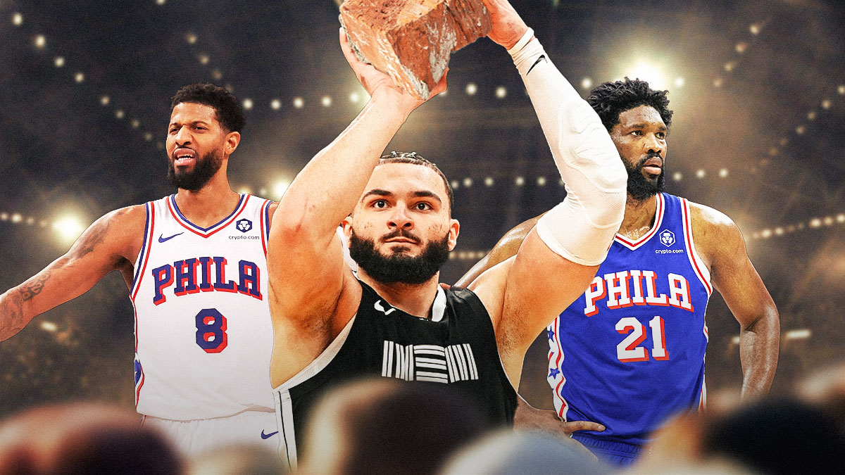 76ers' David Roddy shooting a brick, with Paul George and Joel Embiid looking sad beside him