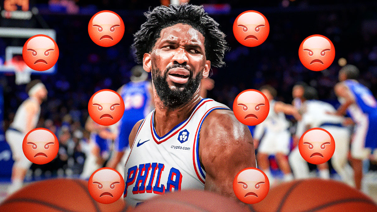 Joel Embiid with angry face emojis around the picture.