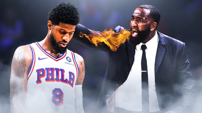 Image of Kendrick Perkins (in a suit) with fire coming out of his mouth next to an image of Sixers Paul George (in a Sixers jersey) looking very upset