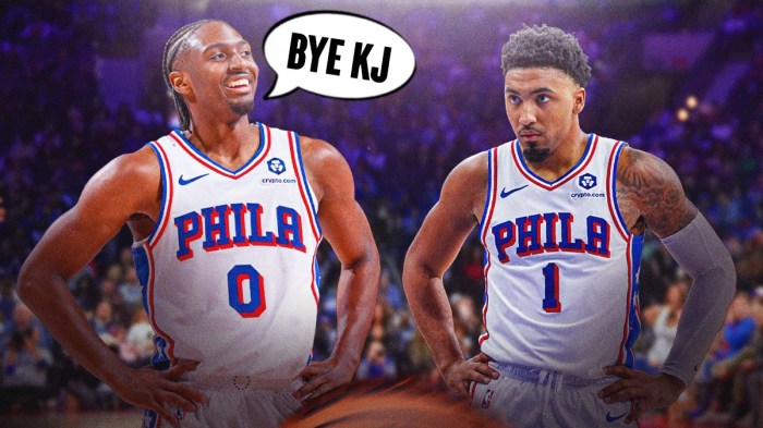 Tyrese Maxey with a text bubble reading "Bye KJ!" next to KJ Martin on the 76ers court.