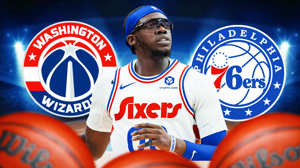 Reggie Jackson next to 76ers and Wizards logos