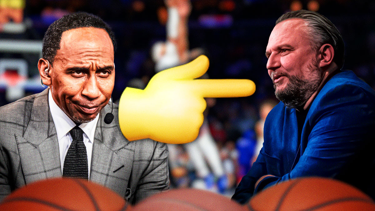 Stephen A Smith with a finger pointing emoji, and the finger pointing emoji is pointing at 76ers general manager, Daryl Morey.