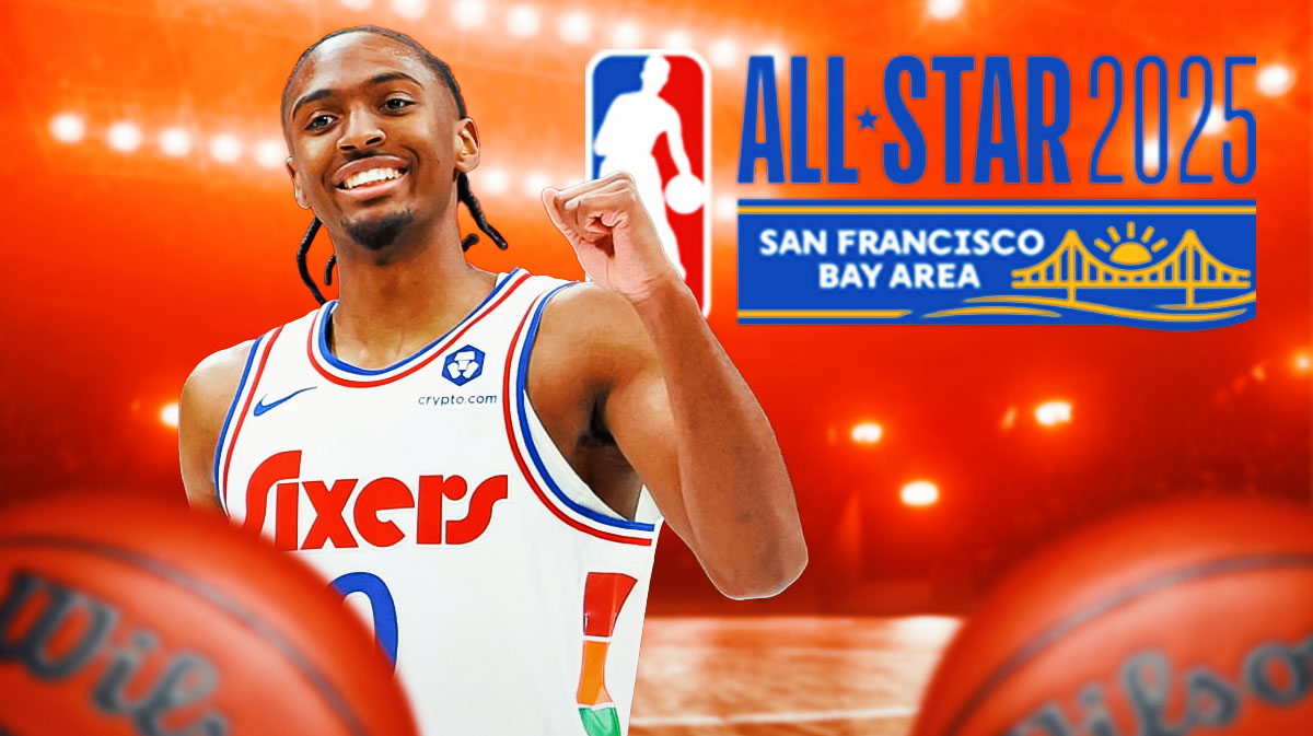 Philadelphia 76ers Tyrese Maxey with the NBA All-Star Game logo