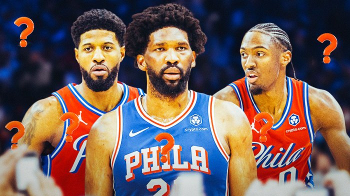 76ers' Paul George, Joel Embiid, and Tyrese Maxey with question marks all around