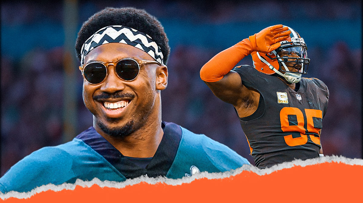 Myles Garrett in his Browns uniform next to Myles Garrett in an Eagles number 95 jersey on front of the Eagles stadium.