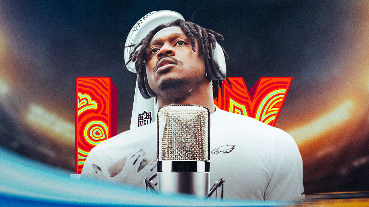 Eagles wide receiver AJ Brown with a headset on, and a studio microphone in front of him and a background of the Super Bowl LIX logo.