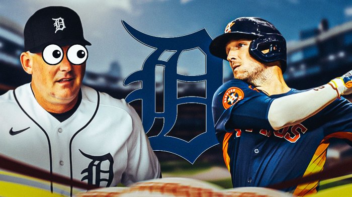 Tigers AJ Hinch with emojis in his eyes looking at Alex Bregman swinging a bat