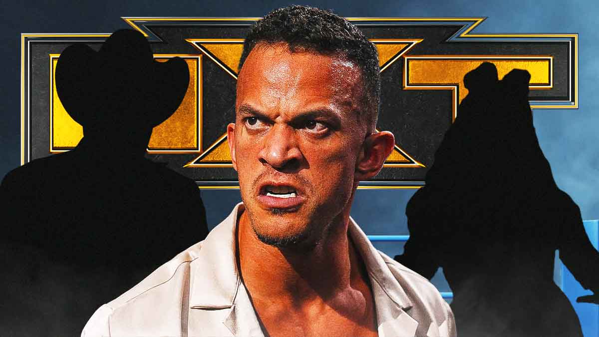 Ricky Starks in the middle with the blacked-out silhouette of Jim Ross on the right and the blacked-out silhouette of Thunder Rosea on his right with the NXT logo as the background.