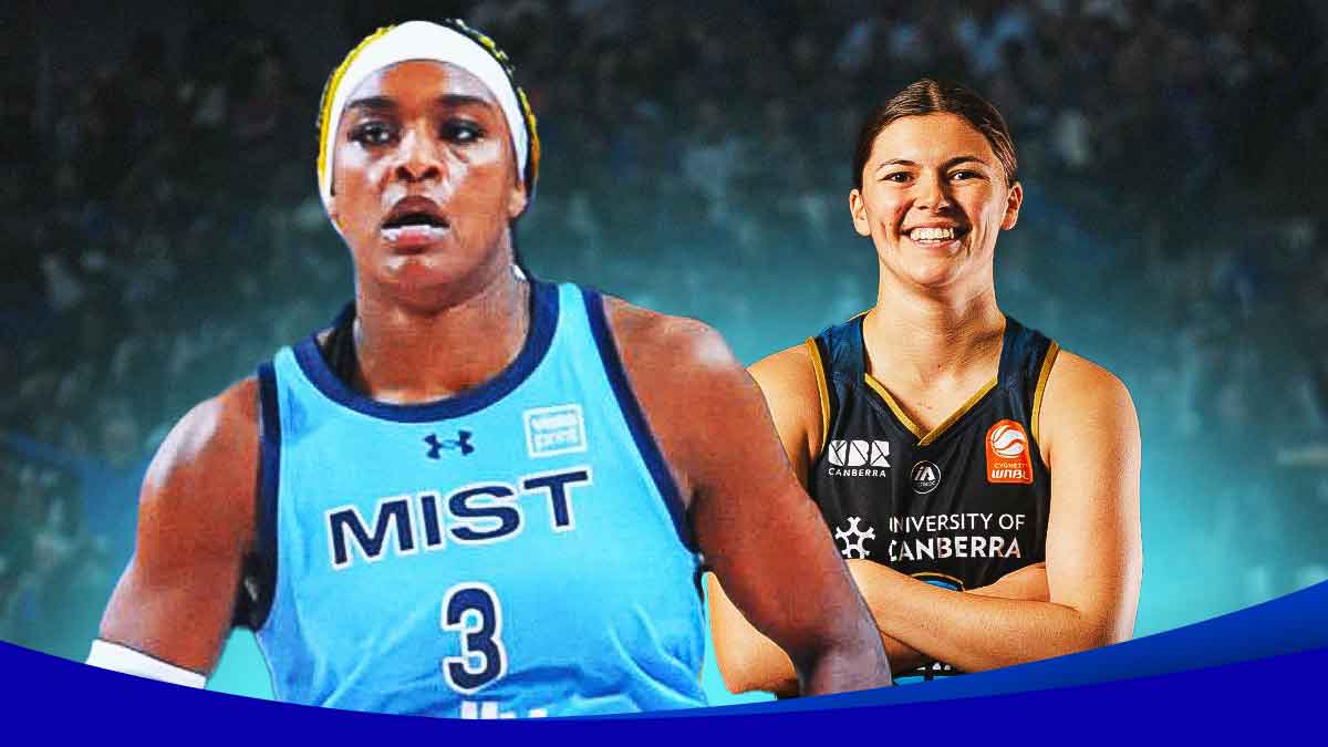 Aaliyah Edwards in Unrivaled jersey smiles next to Jade Melbourne in UC Capitals (Women's National Basketball League, Australia) jersey