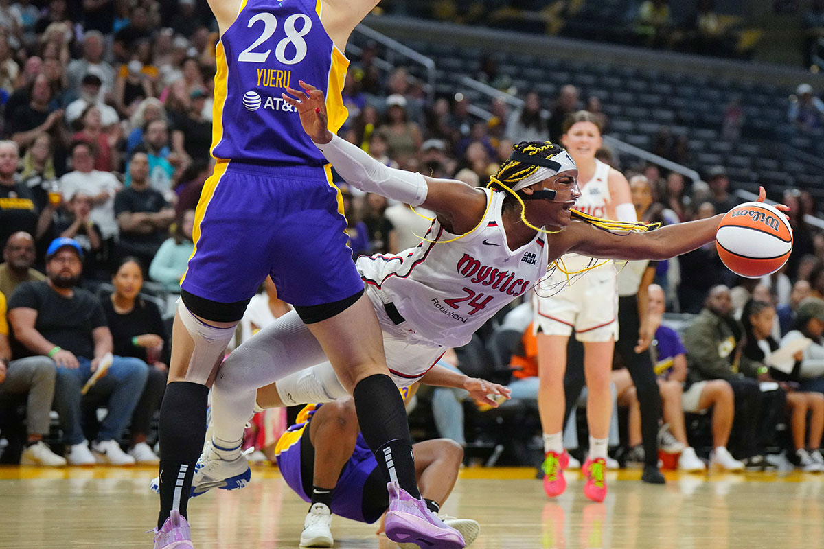 Washington Mystics forward Aaliyah Edwards (24) reaches for the ball against the LA Sparks in the second half.
