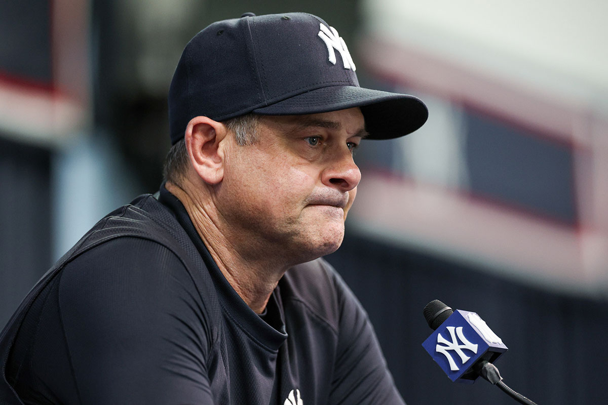 New York Yankees manager Aaron Boone (17) gives a press conference during spring training workouts at George M. Steinbrenner Field