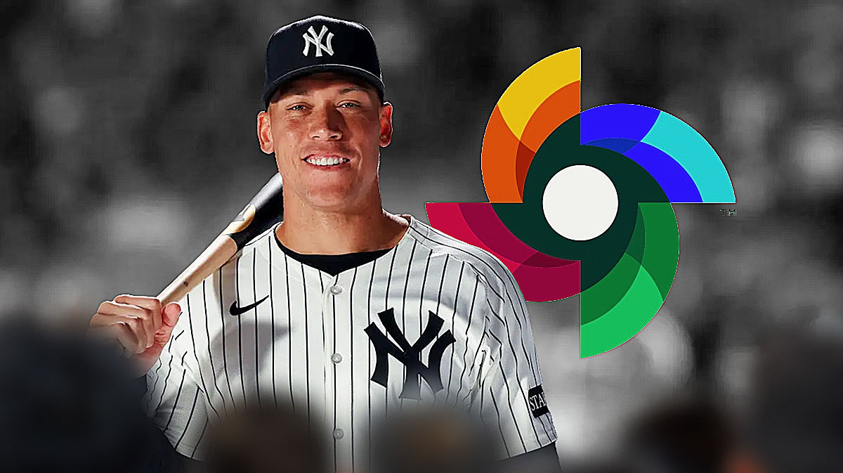 Aaron Judge WBC Logo next to him