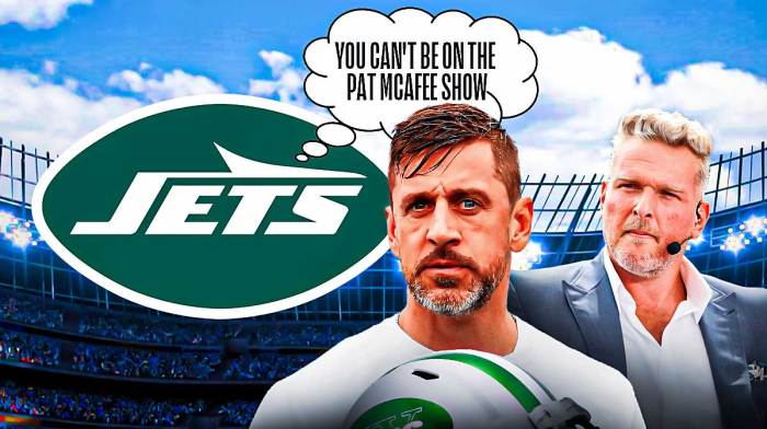 The Jets logo with a thought bubble that says "You can't be on the Pat McAfee show" and Aaron Rodgers is looking sad next to him, as well as Pat McAfee in street clothes.