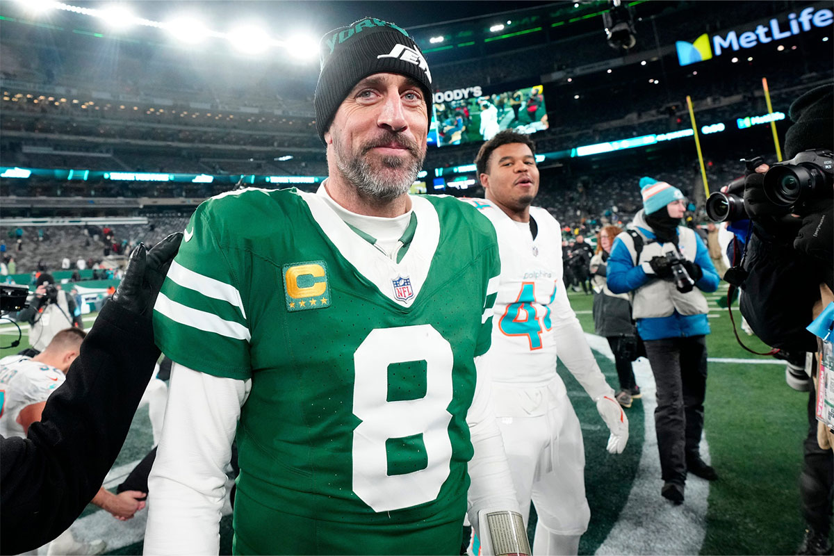 New York Jets quarterback Aaron Rodgers (8) is shown after he led Gang Green to a 32-20 victory against the Miami Dolphins, on Jan. 5, 2025, in East Rutherford, N.J.