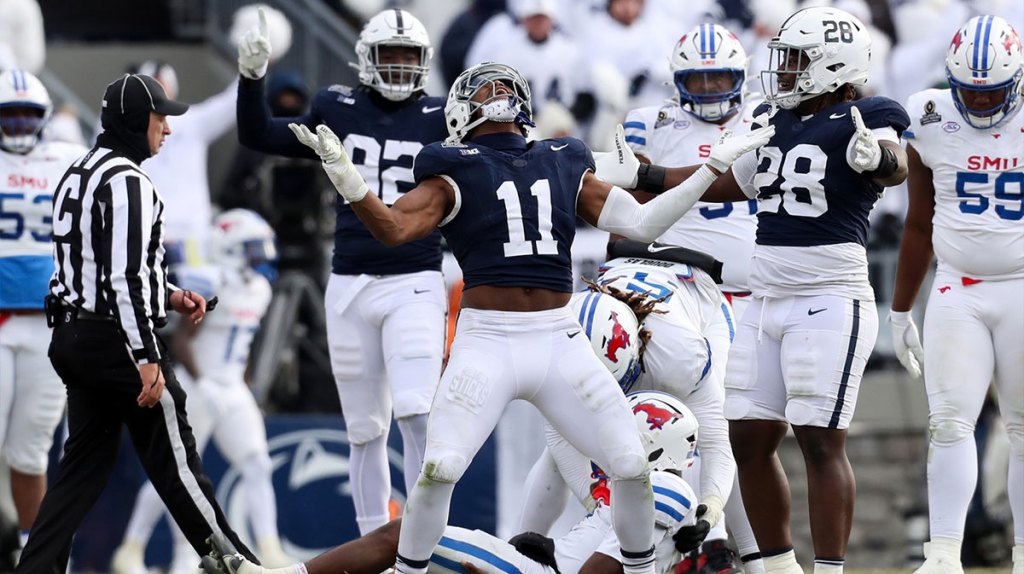 Penn State Nittany Lions defensive end Abdul Carter (11) reacts after sacking Southern Methodist Mustangs quarterback Kevin Jennings (7) during the third quarter in the first round of the College Football Playoff at Beaver Stadium. 