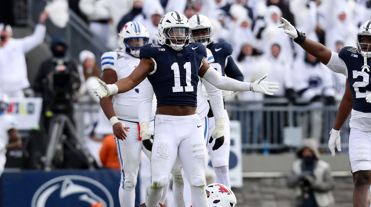 Penn State Nittany Lions defensive end Abdul Carter (11) reacts after sacking Southern Methodist Mustangs quarterback Kevin Jennings (7) during the third quarter in the first round of the College Football Playoff at Beaver Stadium.
