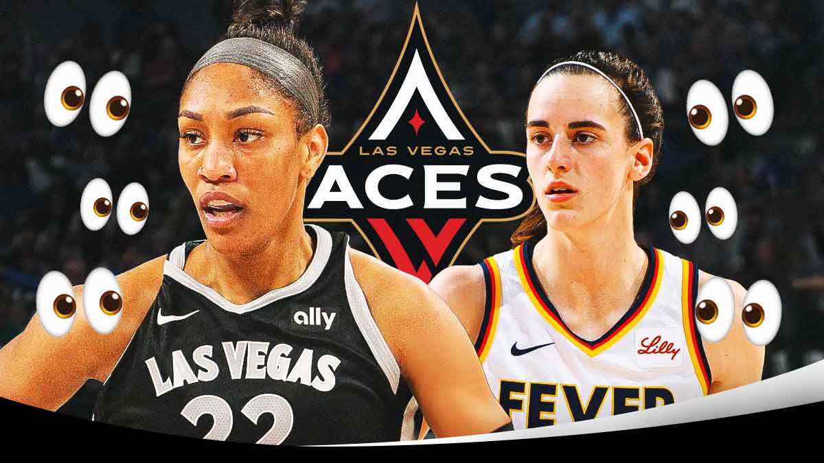 A'ja Wilson, Caitlin Clark, Las Vegas Aces logo in background, eyes symbols