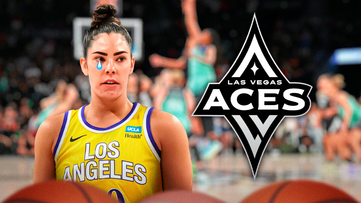 Kelsey Plum with a tear in her eye, in a Los Angeles Jersey, with the Aces home arena and the Aces logo in the background