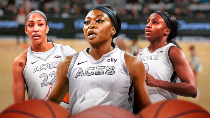 Dana Evans in a Las Vegas Aces Jersey, and A'ja Wilson and Jackie Young standing next to her.