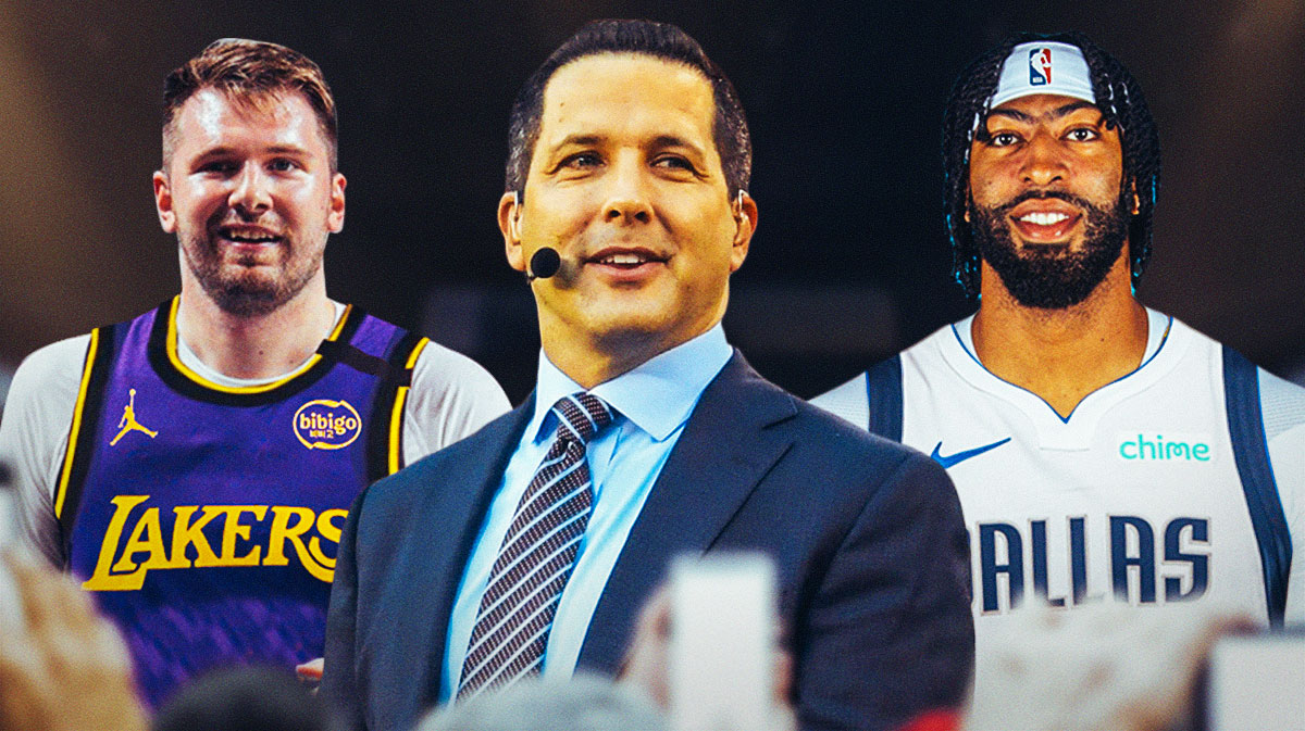 NFL insider Adam Schefter in the middle of Luka Doncic and Anthony Davis