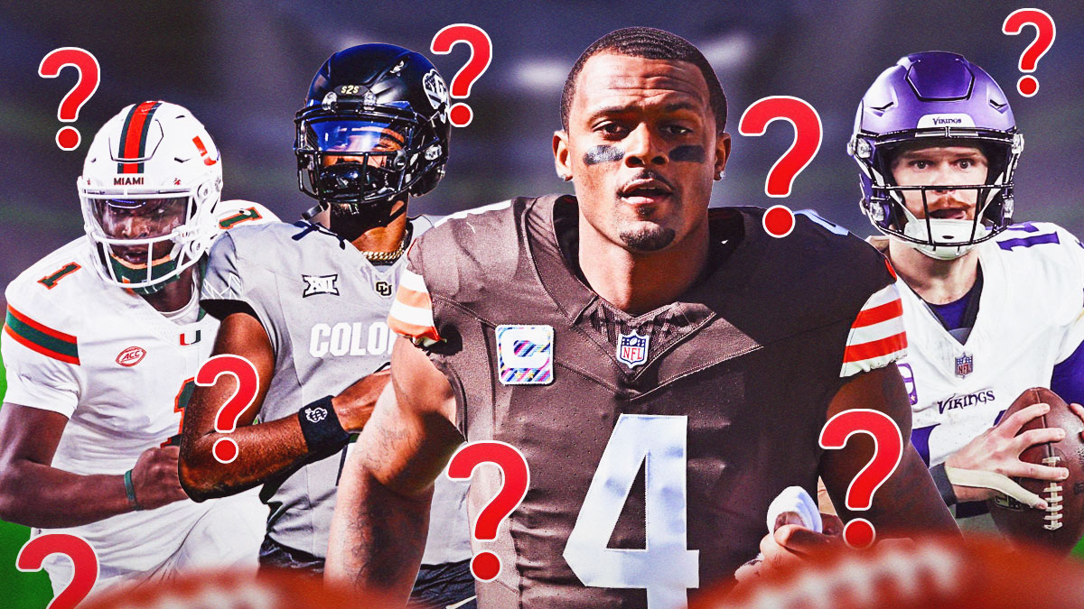 Deshaun Watson in a Browns uniform, Sam Darold in a Vikings uniform, Shedeur Sanders in a Colorado uniform and Cam Ward in a Miami uniform with question marks surrounding them based on the upcoming draft and the browns quarterback options.