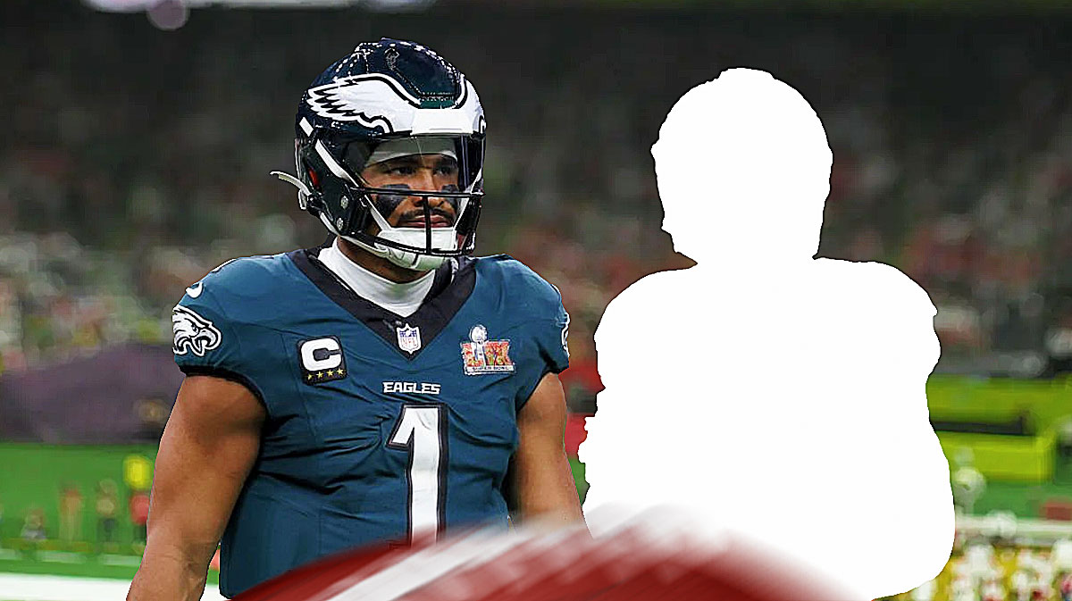 Eagles, Mekhi Becton, Mekhi Becton Eagles, Adam Schefter, NFL Rumors, Jalen Hurts and mystery football player with Eagles stadium in the background