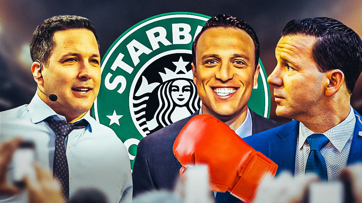 Adam Schefter on one side, and Jordan Schultz and Ian Rapoport on other side with boxing gloves.