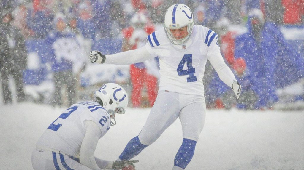 Indianapolis Colts Kicker Adam Vinatieri (4) Teaches an additional point in the fourth quarter in the fourth quarter in the new ERA field in the hole in orkara, NI, Sunday, 10. December 2017. years. COLTSBILS 2NDHALF MK 015