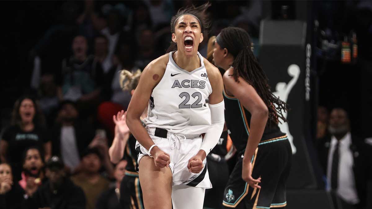 Las Vegas Aces center A'ja Wilson (22) reacts after missing a jump shot in the fourth quarter during game two of the 2024 WNBA Semi-finals against the New York Liberty at Barclays Center.